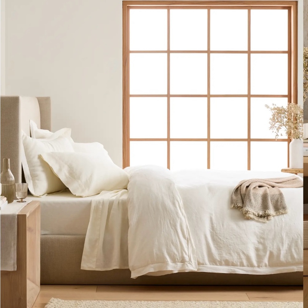 Quince European Linen Double Flange Duvet Cover Set Full Queen Ivory